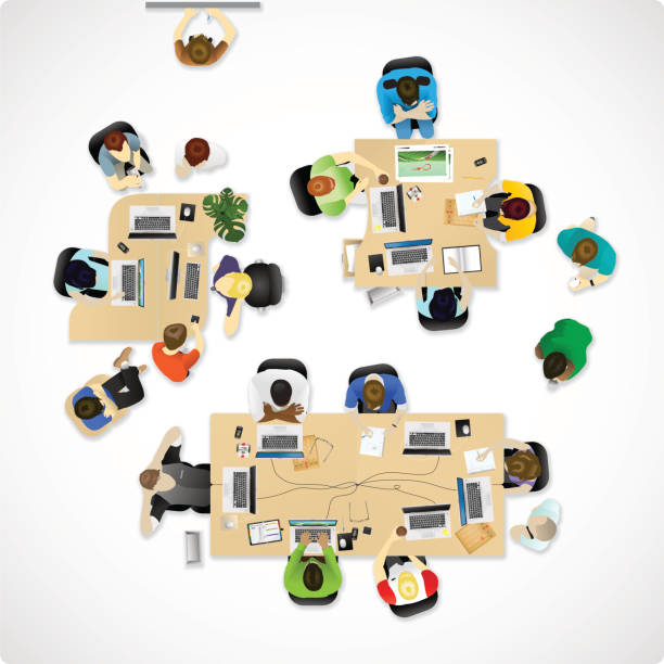 Overhead office or agency Looking down on agency or office. corporate office cubicle stock illustrations