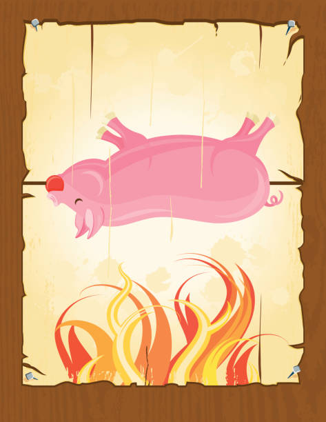 bbq-schwein, geröstete poster - pig roasted spit roasted domestic pig stock-grafiken, -clipart, -cartoons und -symbole