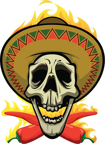 Vector illustration of vector screaming skull with his sombrero against fire background