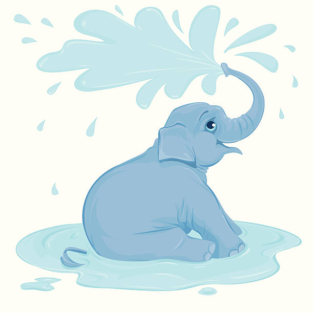 Elephant Shower Cute cartoon illustration of a blue baby elephant in profile happily sitting in a puddle. He is looking overhead as he showers and sprays his back with water. This vector is easily edited and has no gradients or transparencies. It is also layered with a full sitting elephant without the puddle. spraying water stock illustrations