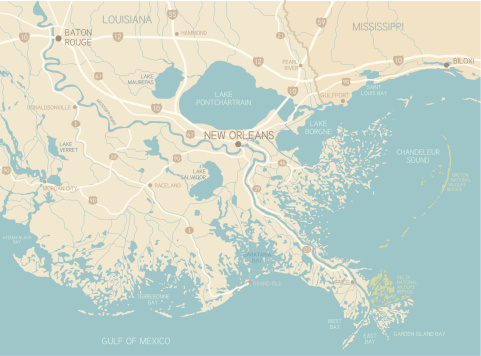 A map of the region around New Orleans, Louisiana, including Baton Rouge, Biloxi and the barrier islands in the Gulf of Mexico.