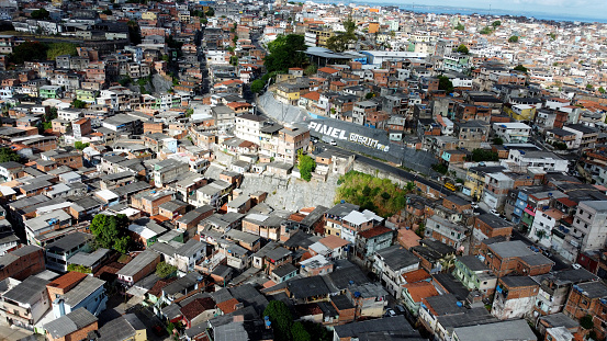 salvador, bahia, brazil - august 9, 2023: Aerial view of housing in favela area in the city of Salvador.