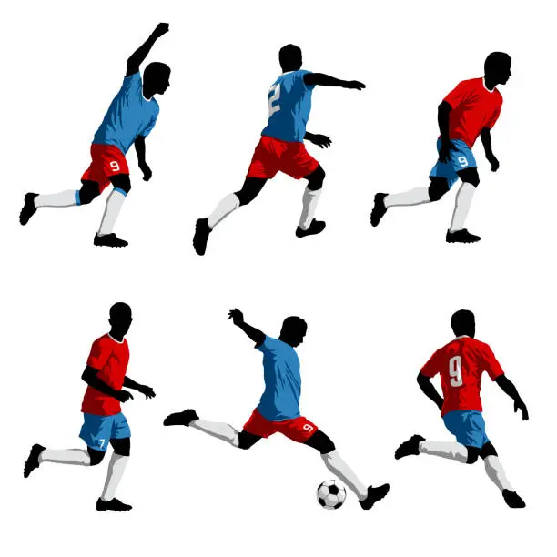 Vector illustration of Six silhouettes of soccer players