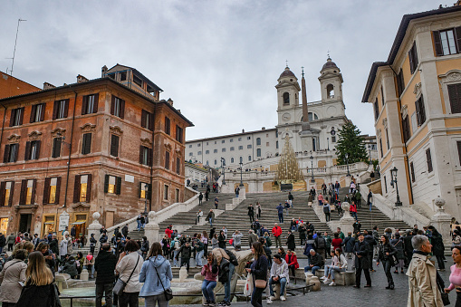 Rome, Italy - 25 Nov, 2022: Spanish Steps, Rome - Piazza di Spagna and Fontana della Barcaccia fountain