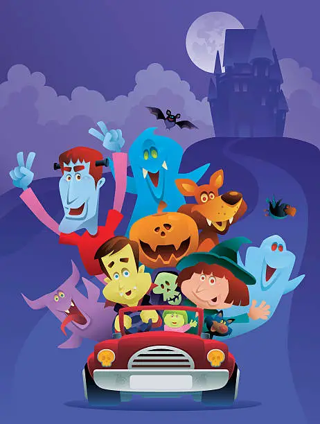 Vector illustration of Illustration of many monsters in a red car for Halloween