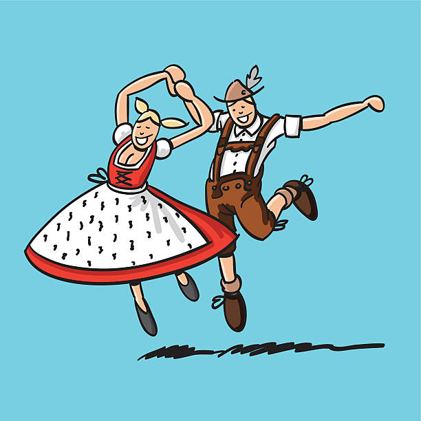 Jumping Bavarian Dancer Couple "Sketchy vector illustration of a bavarian couple in Dirndl and Lederhosen. They're dancing at the Beer Fest. Line art, color and background are on separate layers, so you also can use the illustration on your own background. Colors in the .eps-file are ready for print (CMYK). Included files: EPS (v8) and Hi-Res JPG." pics of dirndl skirt stock illustrations