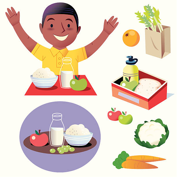 ilustraciones, imágenes clip art, dibujos animados e iconos de stock de hurray para alimentos sanos. - packed lunch paper bag apple lunch