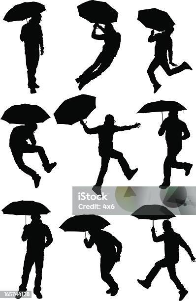 Running Jumping Man With Umbrella Stock Illustration - Download Image Now - Dancing, Rain, Adult