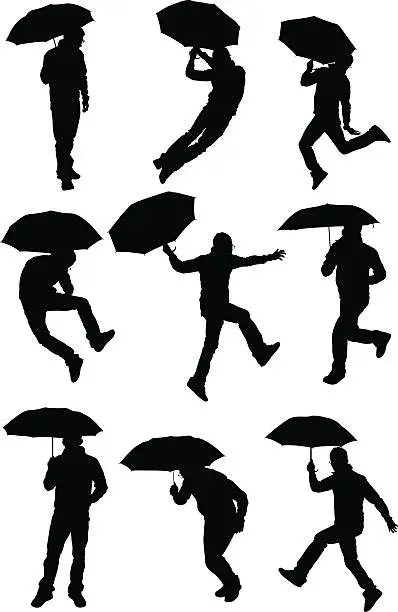 Vector illustration of Running jumping man with umbrella