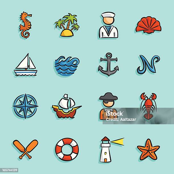 Ilustración de Iconos De Dibujos Animados De Náutica y más Vectores Libres de Derechos de Isla - Isla, Diseño ondulado, Langosta - Crustáceo