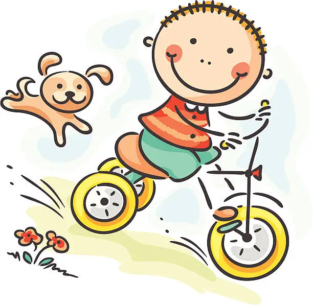 Vector illustration of Cartoon of cute kid riding tricycle with puppy chasing him