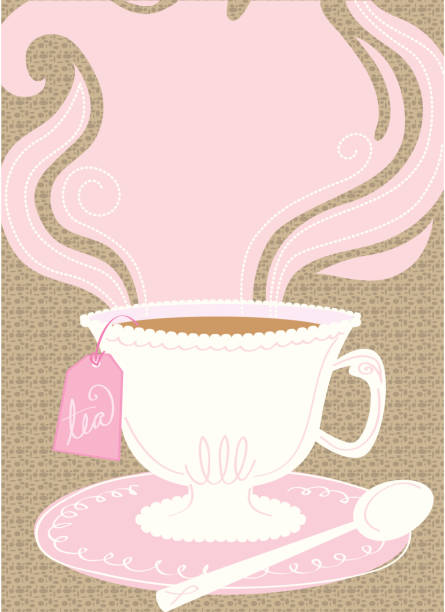 Pink Tea Party background Tea cup with saucer, teaspoon and pink steam. Great for invitation background. tea cup and saucer stock illustrations