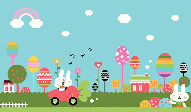 illustrazioni stock, clip art, cartoni animati e icone di tendenza di meraviglioso coniglietto di pasqua mondo - flower bed gardening flower field