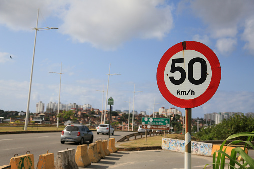 salvador, bahia, brazil - september 23, 2023: traffic sign indicating a speed of 50 kilometers per hour on a traffic lane in the city of Salvador.