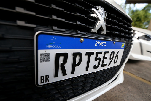 salvador, bahia, brazil - august 29, 2023: vehicle identification plate, model used in Mercursul on an automobile in the city of Salvador.