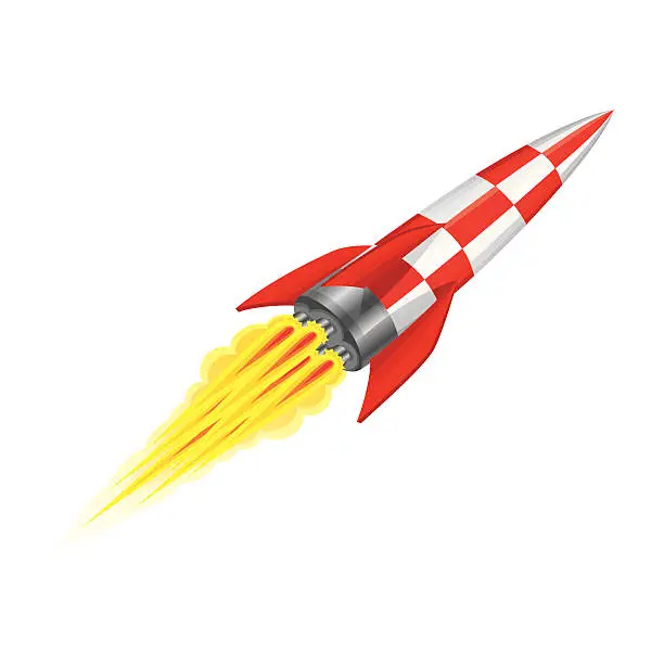Vector illustration of Red and silver rocket in motion across white background 
