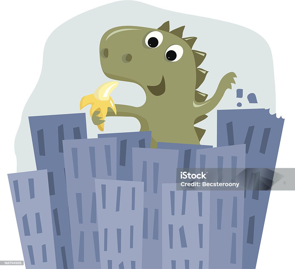 Monster chomping on a healthy snack Vector illustration of a big cute monster rejecting the buildings he's been eating in favor of a nice healthy snack - a banana. Illustration stock vector