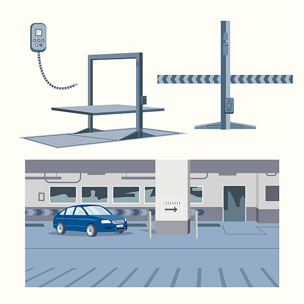 garasi dan hoists - car lifting machine ilustrasi stok