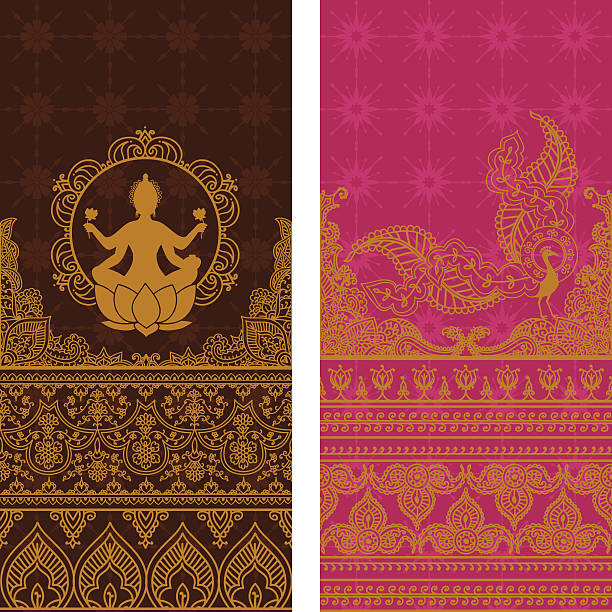 Sari Borders Tall - Gold A pair of extra tall seamless sari border designs with intricate gold details, featuring the Hindu Goddess Lakshmi and an ornate peacock. (Includes .jpg) indian goddess lakshmi stock illustrations