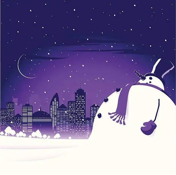 Vector illustration of Snowman in the city