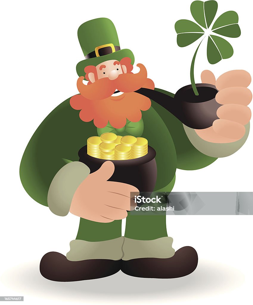 St. Patrick Tag: Happy Leprechaun Holding Gold Münze und die Pipe - Lizenzfrei Alter Erwachsener Vektorgrafik