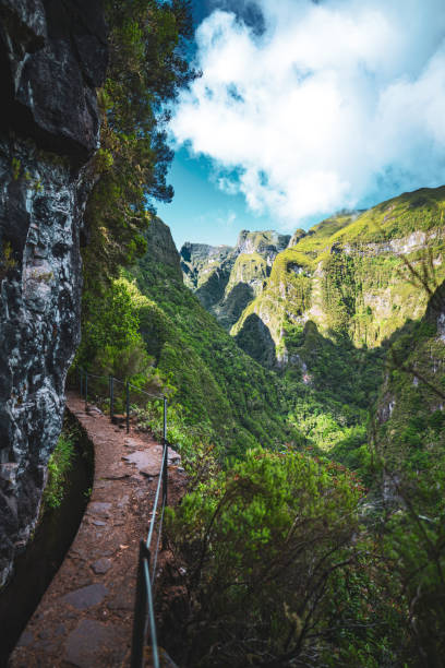 istock Scenic view from water channel hike trail below large rock wall at steep cliff through Madeira's rainforest. Levada of Caldeirão Verde, Madeira Island, Portugal, Europe. 1657446552