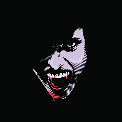 Engraving style illustration of spooky vampire with bloody fangs.