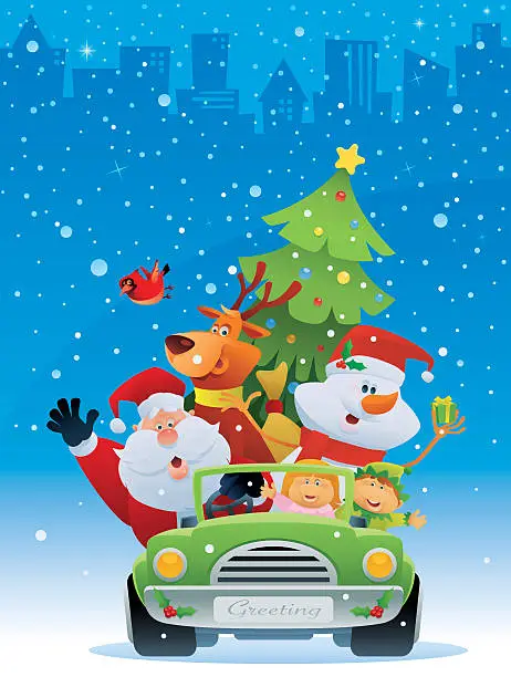 Vector illustration of A cartoon of Santa with a reindeer and snowman in a car