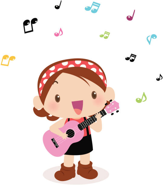 Cute girl playing guitar(ukulele) and singing Vector illustration - Cute girl playing guitar(ukulele) and singing. notes on guitar neck stock illustrations