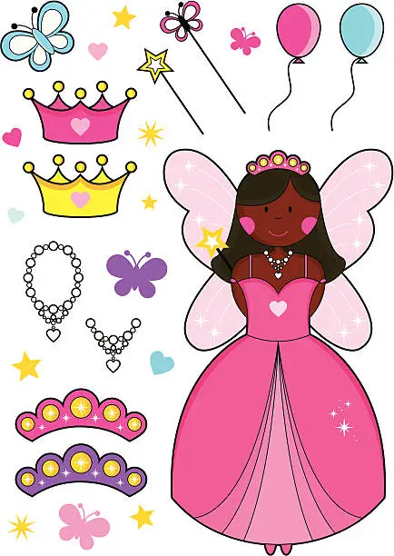 Vector illustration of African Fairy Princess with Balloons, Tiaras, Crowns, Wands and Necklaces.