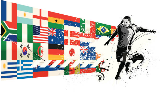 soccer world cup Soccer player hitting the ball, back with flags of countries that play at the Soccer South Africa's world cup. algeria soccer stock illustrations