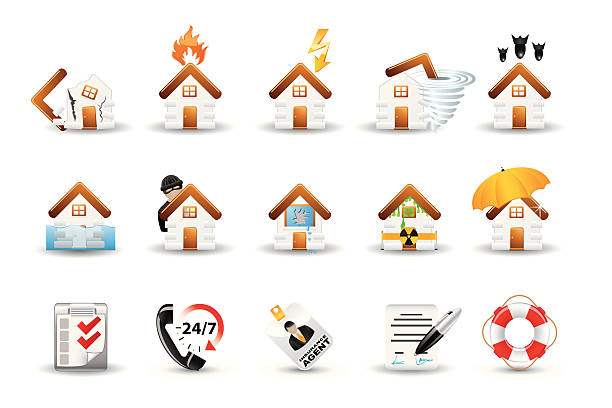 geschmeidiger seide mit icon-set: immobilien versicherungen - clause stock-grafiken, -clipart, -cartoons und -symbole