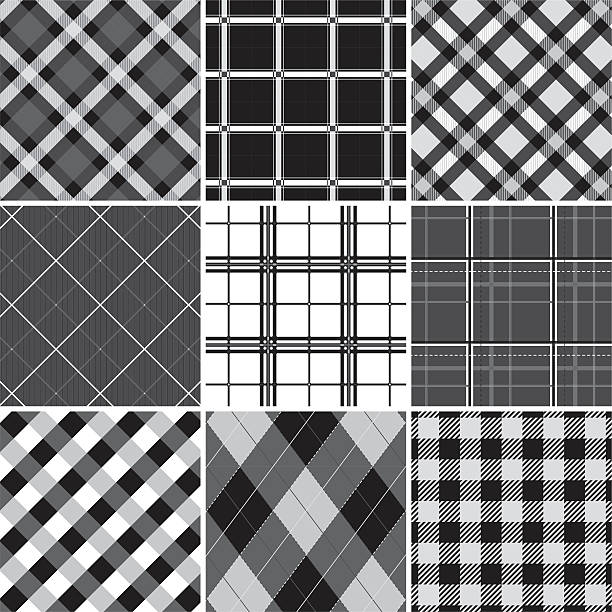 Collection of seamless black &amp;  white checked cotton pattern vector art illustration