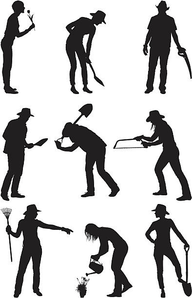 People working with tools and gardening People working with tools and gardening gardening silhouettes stock illustrations