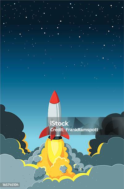Ilustración de Rocket Lanzamiento y más Vectores Libres de Derechos de Cohete espacial - Cohete espacial, Humo - Estructura física, Amarillo - Color