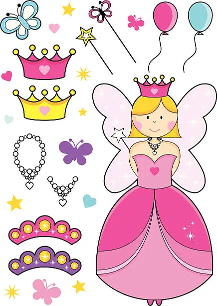 Vector illustration of Cute Fairy Princess With Tiaras, Crowns, Wands, Necklaces and Balloons.