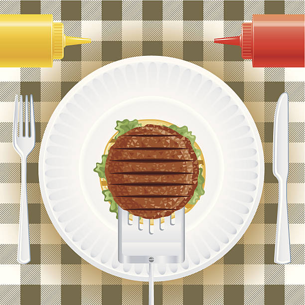 bbq hamburger piknik - grilled tablecloth kitchen utensil summer stock illustrations