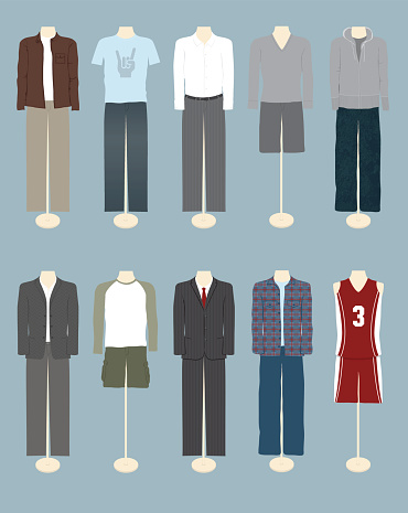 A selection of men's clothing – from formal to casual. All on separate layers and grouped for easy changes to colors. Includes a CS3 file.