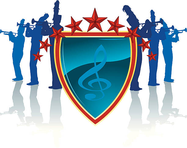 Marching Band Baritone Trumpet Shield Tight graphic silhouette illustrations of the trumpet line in a Marching Band with shield and stars. Use with or without the plume. Scale to any size, color changes a snap. Check out my "Marching Band Vector" light box for more. marching band silhouette stock illustrations