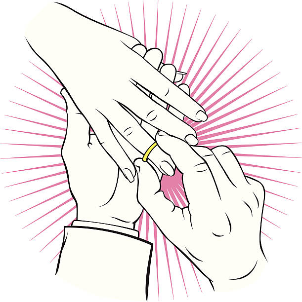 Hands placing an engagement or wedding ring on a finger vector art illustration