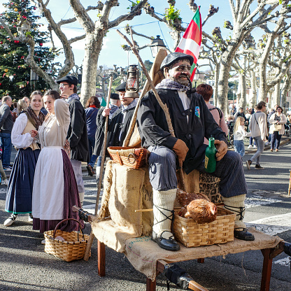 Saint Jean de Luz, France - Dec 24, 2022: Olentzero, the Basque Father Christmas, being paraded through the streets on Christmas Eve