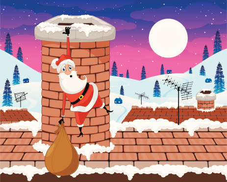 Fully editable vector illustration of a cartoon Santa Claus clinging to a chimney top.