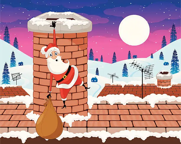 Vector illustration of Santa Claus clinging to a chimney top.