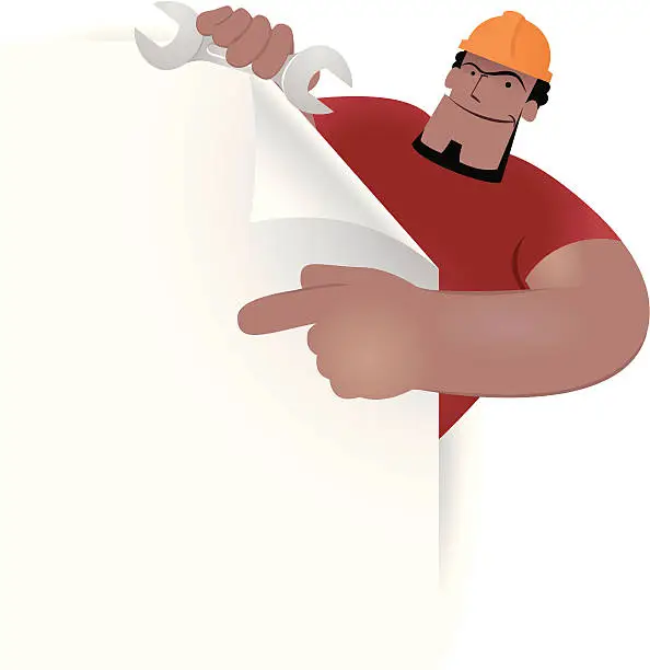 Vector illustration of Labor holding paper and spanner showing something by index finger