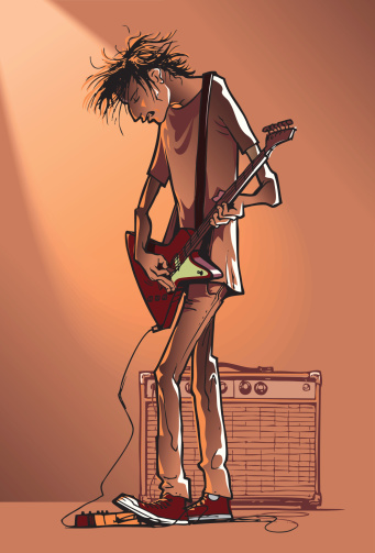 Illustration of male playing electric guitar next to an amp