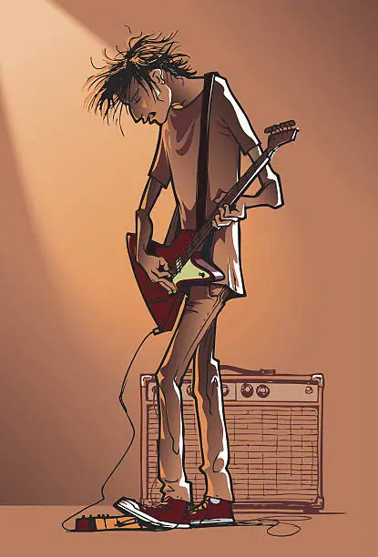 Vector illustration of Illustration of male playing electric guitar next to an amp