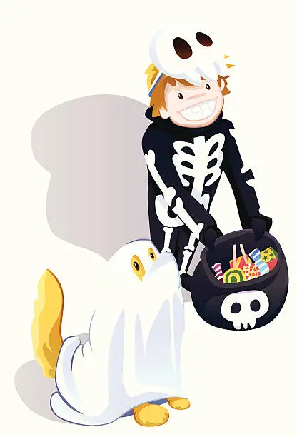 Vector illustration of Little Skeleton and Ghost Dog