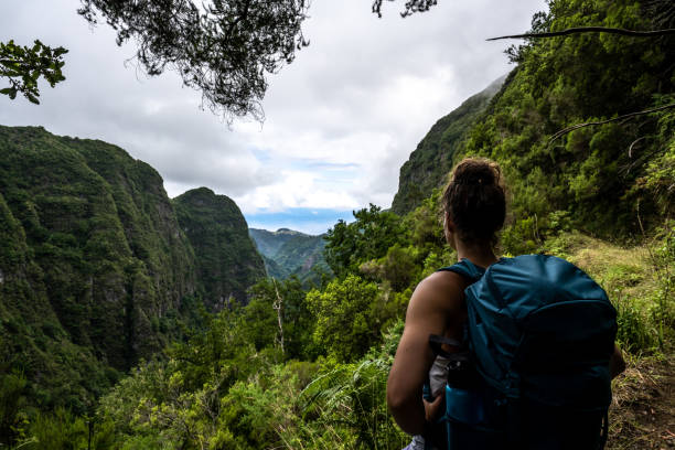 istock Backpacker tourist enjoys wide view from water canal trail into deep rainforest valley. Levada of Caldeirão Verde, Madeira Island, Portugal, Europe. 1657455964