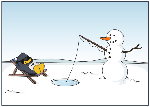 vector drawing of a penguin in a deck chair. He has built a snowman, who catch the fish for him