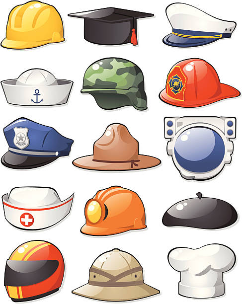 Working Hats Set Set of different working hats and helmets.  sailor hat stock illustrations